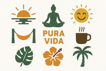 Costa Rican &ldquo;Pura Vida&rdquo; Lifestyle Icon Grid with Tropical Relaxation and Textured Vector Style