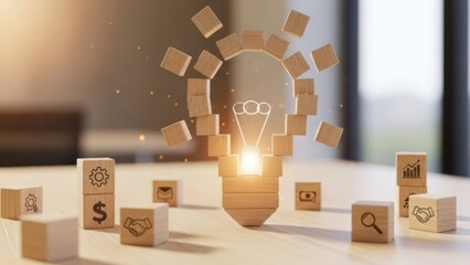 A wooden light bulb with blocks forming its shape, surrounded by various wooden blocks with icons, on a table in an office setting.