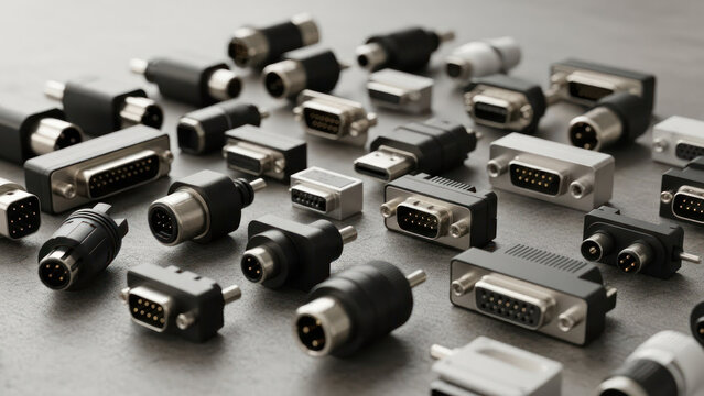 Close-up of various computer ports and connectors on a gray surface with shallow depth of