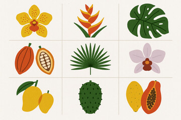 Costa Rican Native Flora Icon Grid with Tropical Plants and Textured Vector Style