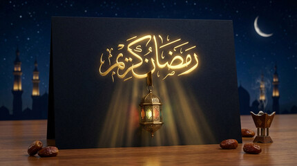 Arabic Calligraphy Golden Lantern Mosque Crescent Moon Night Sky Luxury Greeting Card Sustainable Design Illustration Modern Islamic Art Ramadan Mubarak "رمضان كريم" Typography