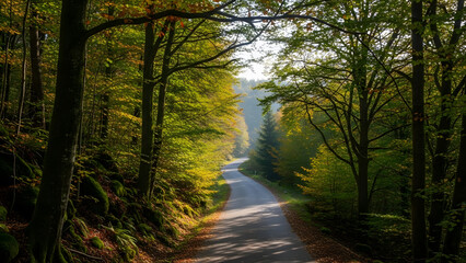Fototapeta premium A peaceful empty asphalt road curves through a dense forest with sunlight filtering through vibrant green and yellow autumn leaves