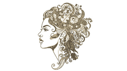 Fototapeta premium Intricate green line art illustration of a womans head with curly hair