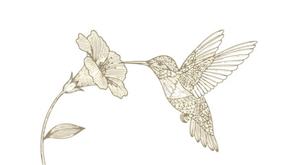 A hummingbird flying towards a flower on a stem with leaves © Saika
