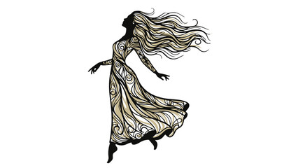 Woman in flowing dress with long hair dancing