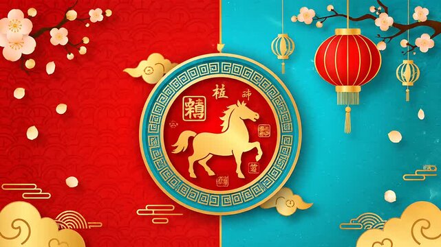 Chinese New Year of the Horse Background Celebration Red Blue Gold Design