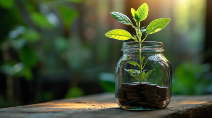 Small green plant growing from a glass jar filled with coins on a wooden surface, symbolizing financial growth, investment savings, and sustainable wealth in a natural outdoor setting.