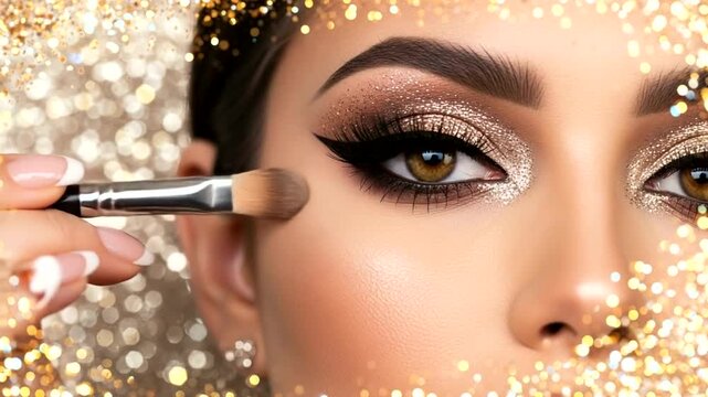 Close-up of a womans eye receiving makeup application with a brush.