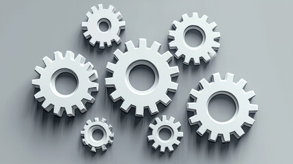 Scattered white 3D rendered cogwheels and gears of different sizes floating above a grey background representing mechanical engineering, teamwork, interconnected processes, and system optimization.