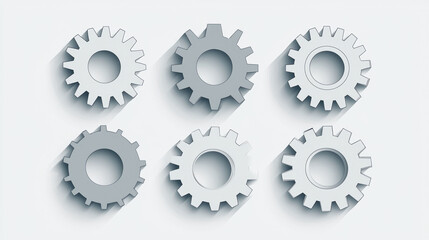 Set of six grey minimalist gear icons with long shadows on a light background, symbolizing industrial mechanics, engineering processes, technology, and team cooperation.