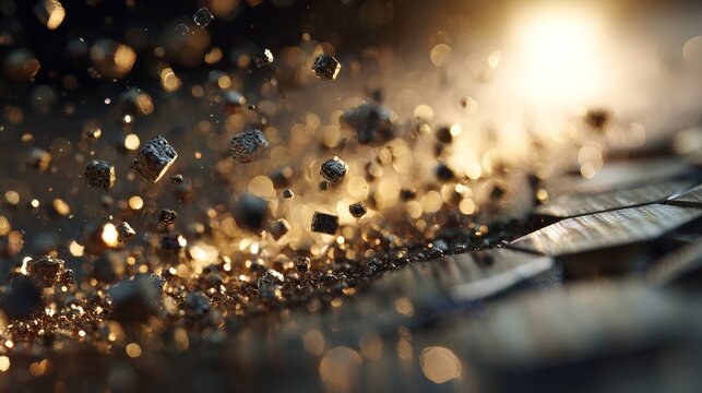 Close-up of stainless steel transforming mid-air into seamless diamond knurl pattern with minimal particles, laser treatment, high-tech luxury industrial design, cinematic warm lighting.