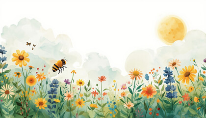A vibrant illustration of a bee flying over a colorful field of flowers under a sunny sky