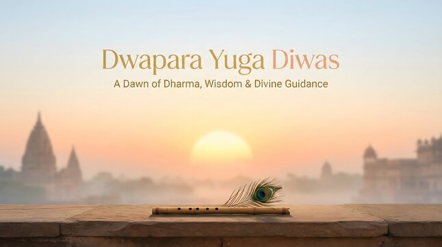 Dwapara yuga diwas celebration with shankha on stone platform at sunrise