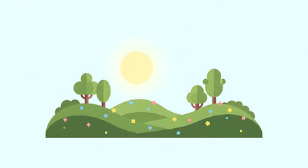 Fototapeta premium Serene landscape with rolling hills and trees under a bright sun.