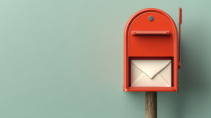 Red metal mailbox on a wooden post containing a white envelope, isolated against a light teal wall with ample copy space for text. Concept of communication and postal service.