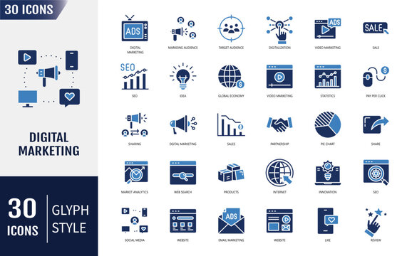 Digital marketing icon set. Seo, content, website, social media, sales, online advertising and more. Vector illustration