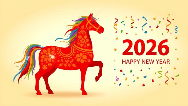 Red Chinese New Year Horse 2026 Gong Xi Fa Cai Greeting Illustration