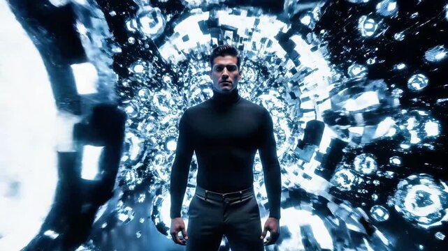 A man in a black outfit standing in front of a mesmerizing blue and white light display