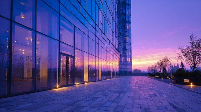 Modern glass office building exterior reflects colorful sunset sky with purple and orange hues, creating calm and serene urban atmosphere at dusk