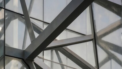 Obraz premium Modern architectural facade with steel support beams crisscrossing glass panels