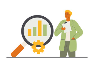 A male analyst or researcher examines data with a magnifying glass and gear symbols, indicating a systematic and detailed process. Research illustration. Flat vector concept.