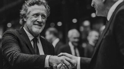 Two businessmen shaking hands in professional meeting, expressing trust and agreement in formal business environment with blurred colleagues in background