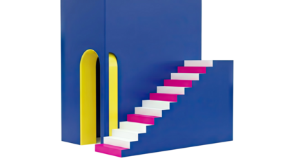 Abstract blue structure with a yellow arch and colorful staircase