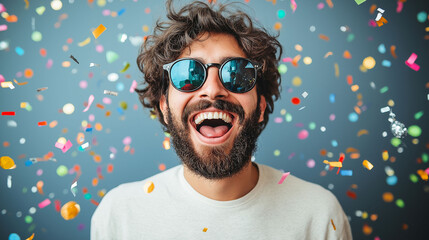 A young man with a beard and sunglasses is smiling and surrounded by colorful confetti. Concept of joy and celebration, as the man is enjoying a special moment