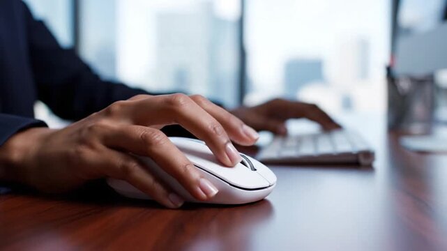 A close-up shot captures an individual's hands diligently engaging with a white computer mouse on a polished wooden desk, while the other hand rests near a blurred keyboard in the background. The scen