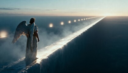 Guardian of the Path: An ethereal angel stands vigil, overseeing a luminous path stretching towards the horizon, symbolizing guidance, hope, and the journey of life.