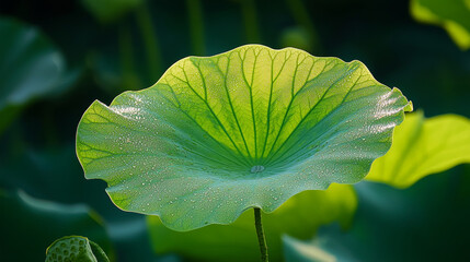 Close-up of a vibrant green lotus leaf covered in fresh morning dew drops, beautifully backlit by sunlight highlighting the intricate vein structure against a dark, natural background.