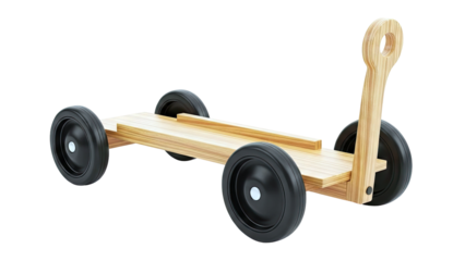 Wooden toy wagon with handle and black wheels