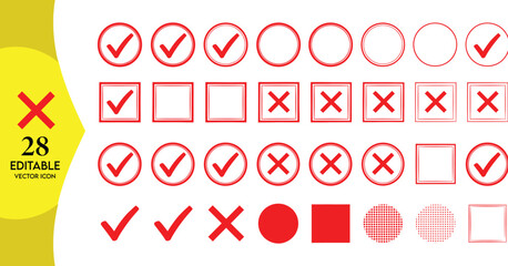 Collection of 28 Red Checkmark and Cross Icons, Bold Symbols for Success, Error, Task Status, and Survey Validation in a Professional Graphic Style