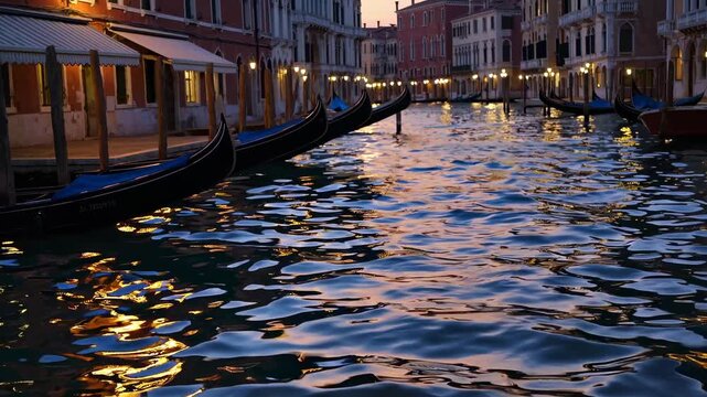 Video captures a serene canal scene at dusk in Venice. Low-angle shot highlights reflections of historic buildings and gondolas on the water.