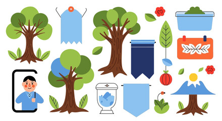 A collection of flat design illustrations featuring trees, a person, banners, and natural elements, suitable for environmental or educational themes.