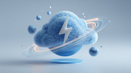 Abstract 3D illustration of a blue textured cloud with a white lightning bolt and glowing rings, representing cloud computing, fast data processing, and renewable energy concepts