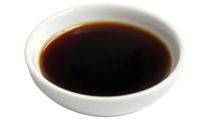 A cup of soy sauce on a transparent background, showcasing its deep color and inviting steam rising from the surface