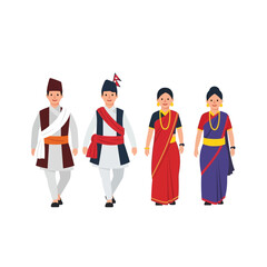 Illustration of four Nepali people, two men and two women, dressed in traditional cultural clothing, showcasing the rich heritage and diversity of Nepal.