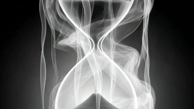 Abstract hourglass shape formed by swirling white smoke on a black background.