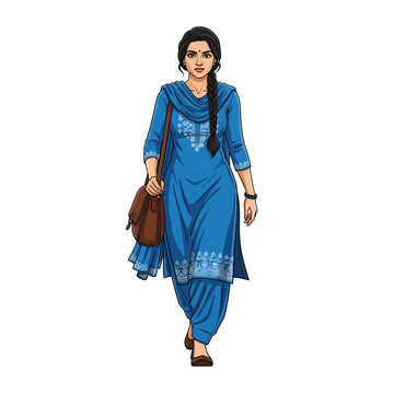 Full body illustration of a young Indian woman walking, wearing a blue salwar kameez, with a braided hairstyle and a brown shoulder bag.