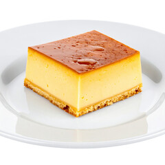 Square Slice of Caramel Custard with Golden Crust on White Plate