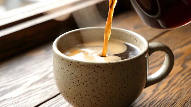 Coffee pouring into a speckled mug on a wooden table by a window with steam rising