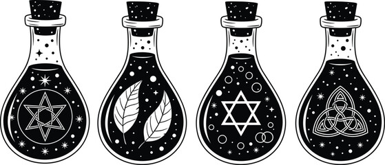 Magic potion bottles with occult symbols leaves stars and runes mystical alchemy witchcraft vector illustration set for Halloween design art © MdTajemul