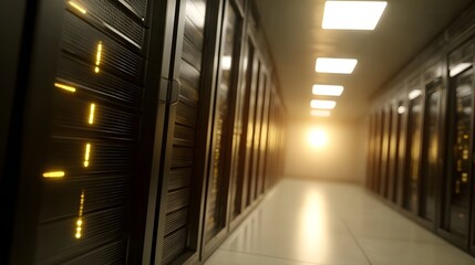 Rows of blinking server racks line a modern data center corridor towards a bright light