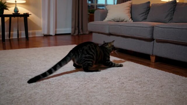 A cozy living room scene with a tabby cat on a plush rug. Shot from a low angle, the video captures a warm, inviting atmosphere.