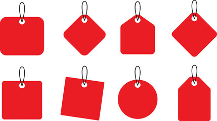 Eight distinct red price tags with black strings attached show different shapes ready for retail labeling