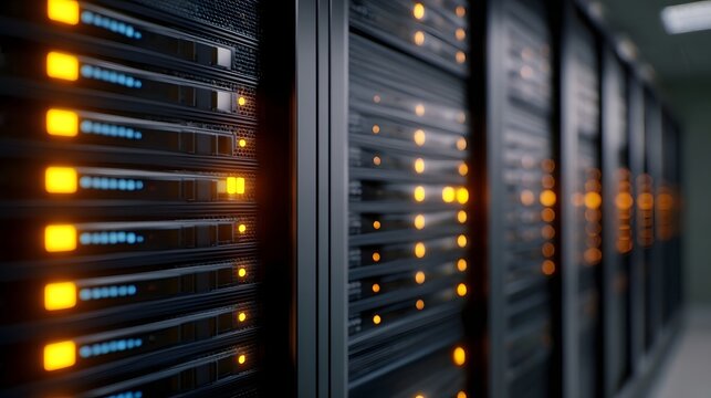 Rows of server racks with blinking orange and blue indicator lights in a dimly lit data center or IT room - Powered by Adobe