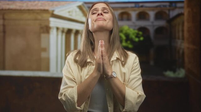 Young blonde woman with folded hands in prayer at sunlit historic building columns amid warm afternoon light; faith serenity.