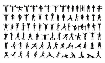 Extensive collection of diverse male and female silhouettes performing various fitness activities and gym workouts