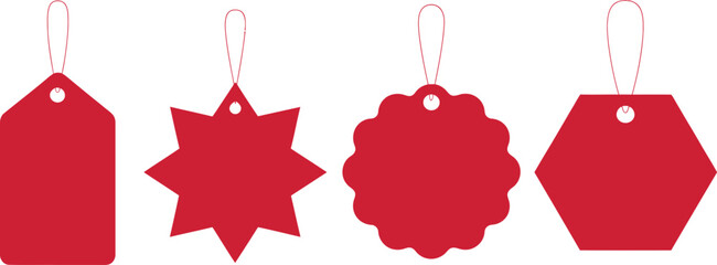 Four distinct red price tags with matching red strings attached display unique shapes for retail use